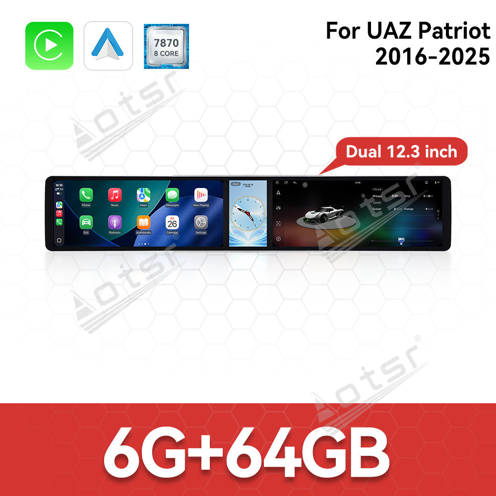 Aotsr Dual 12.3 inch Car Radio for UAZ Patriot 2016-2025 with 7870 Octa Core Chip, Ultra HD 2400*900 Touch Screen, Wireless CarPlay, Bluetooth 5.0, GPS Navigation, 4G Network, OEM Upgrade Multimedia System