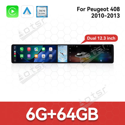 Aotsr Dual 12.3 inch Car Radio for Peugeot 408 2010-2013 with 7870 Octa Core Chip Ultra HD 2400*900 Touch Screen Wireless CarPlay Bluetooth 5.0 GPS Navigation 4G Network OEM Upgrade Multimedia System