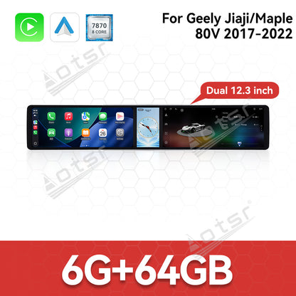 Aotsr Dual 12.3 inch Car Radio For Geely Jiaji/Maple 80V 2017-2022 with 7870 Octa Core Chip Ultra HD 2400*900 Touch Screen Wireless CarPlay Bluetooth 5.0 GPS Navigation