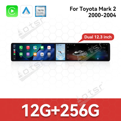 Aotsr Dual 12.3 inch Car Radio for Toyota Mark2 2000-2004 with 7870 Octa Core Chip Ultra HD 2400*900 Touch Screen Wireless CarPlay Bluetooth 5.0 GPS Navigation