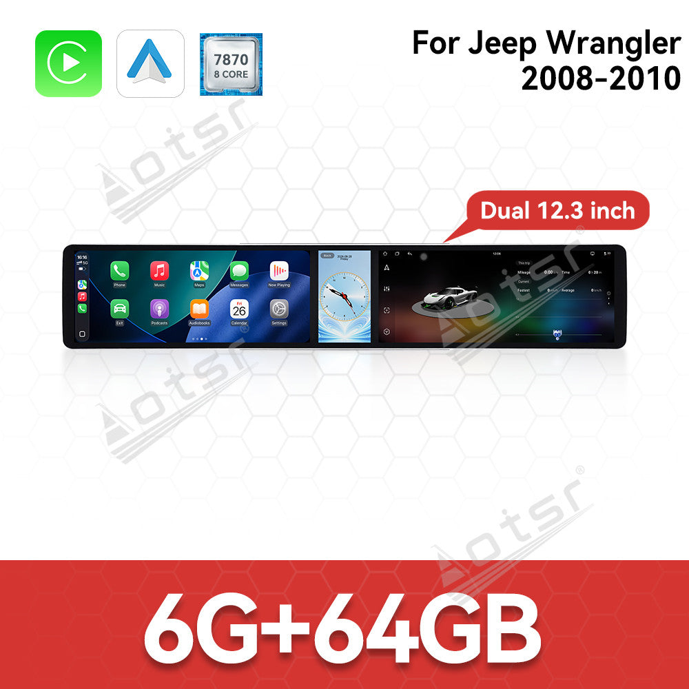 Aotsr Dual 12.3 inch Car Radio For Jeep Wrangler 2008-2010 with 7870 Octa Core Chip Ultra HD 2400*900 Touch Screen Wireless CarPlay Bluetooth 5.0 GPS Navigation