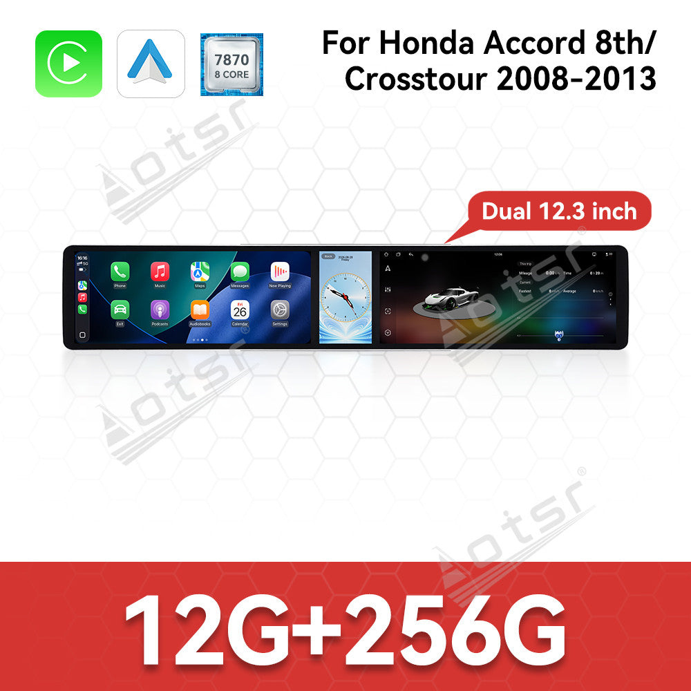 Aotsr Dual 12.3 inch Car Radio for Honda Accord 8th/Crosstour 2008-2013 with 7870 Octa Core Chip, Ultra HD 2400*900 Touch Screen, Wireless CarPlay, Bluetooth 5.0, GPS Navigation, 4G Network, OEM Upgrade Multimedia System