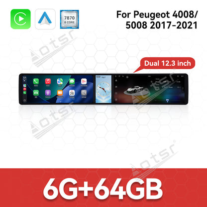 Aotsr Dual 12.3 inch Car Radio for Peugeot 4008/5008 2017-2021 with 7870 Octa Core Chip Ultra HD 2400*900 Touch Screen Wireless CarPlay Bluetooth 5.0 GPS Navigation 4G Network OEM Upgrade Multimedia System