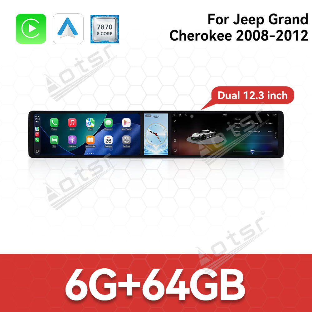 Aotsr Dual 12.3 inch Car Radio For Jeep Grand Cherokee 2008-2012 with 7870 Octa Core Chip Ultra HD 2400*900 Touch Screen Wireless CarPlay Bluetooth 5.0 GPS Navigation