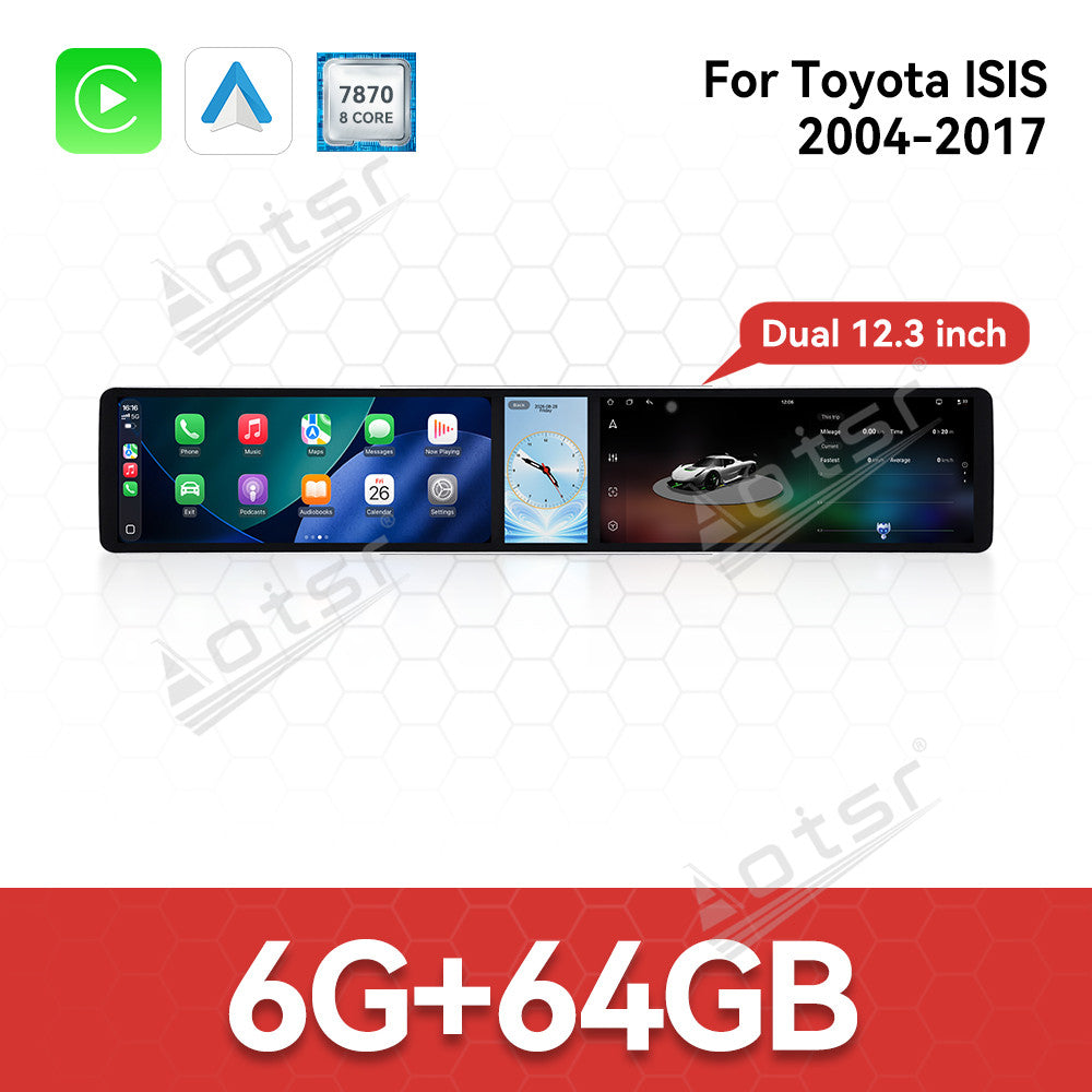 Aotsr Dual 12.3 inch Car Radio for Toyota ISIS 2004-2017 with 7870 Octa Core Chip Ultra HD 2400*900 Touch Screen Wireless CarPlay Bluetooth 5.0 GPS Navigation