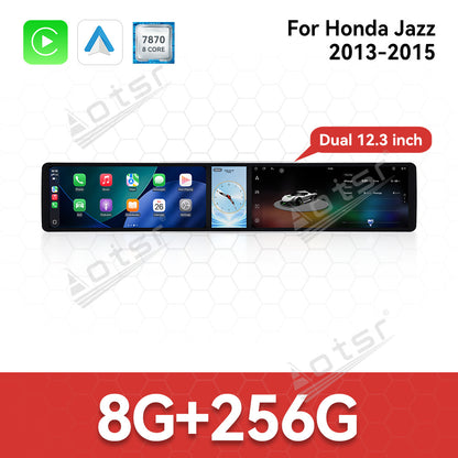 Aotsr Dual 12.3 inch Car Radio for Honda Jazz 2013-2015 with 7870 Octa Core Chip, Ultra HD 2400*900 Touch Screen, Wireless CarPlay, Bluetooth 5.0, GPS Navigation, 4G Network, OEM Upgrade Multimedia System