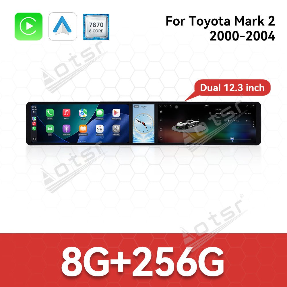 Aotsr Dual 12.3 inch Car Radio for Toyota Mark2 2000-2004 with 7870 Octa Core Chip Ultra HD 2400*900 Touch Screen Wireless CarPlay Bluetooth 5.0 GPS Navigation