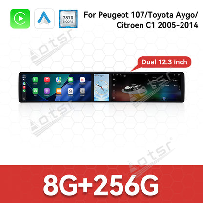 Aotsr Dual 12.3 inch Car Radio for Peugeot 107/Toyota Aygo/Citroen C1 2005-2014 with 7870 Octa Core Chip Ultra HD 2400*900 Touch Screen Wireless CarPlay Bluetooth 5.0 GPS Navigation 4G Network OEM Upgrade Multimedia System