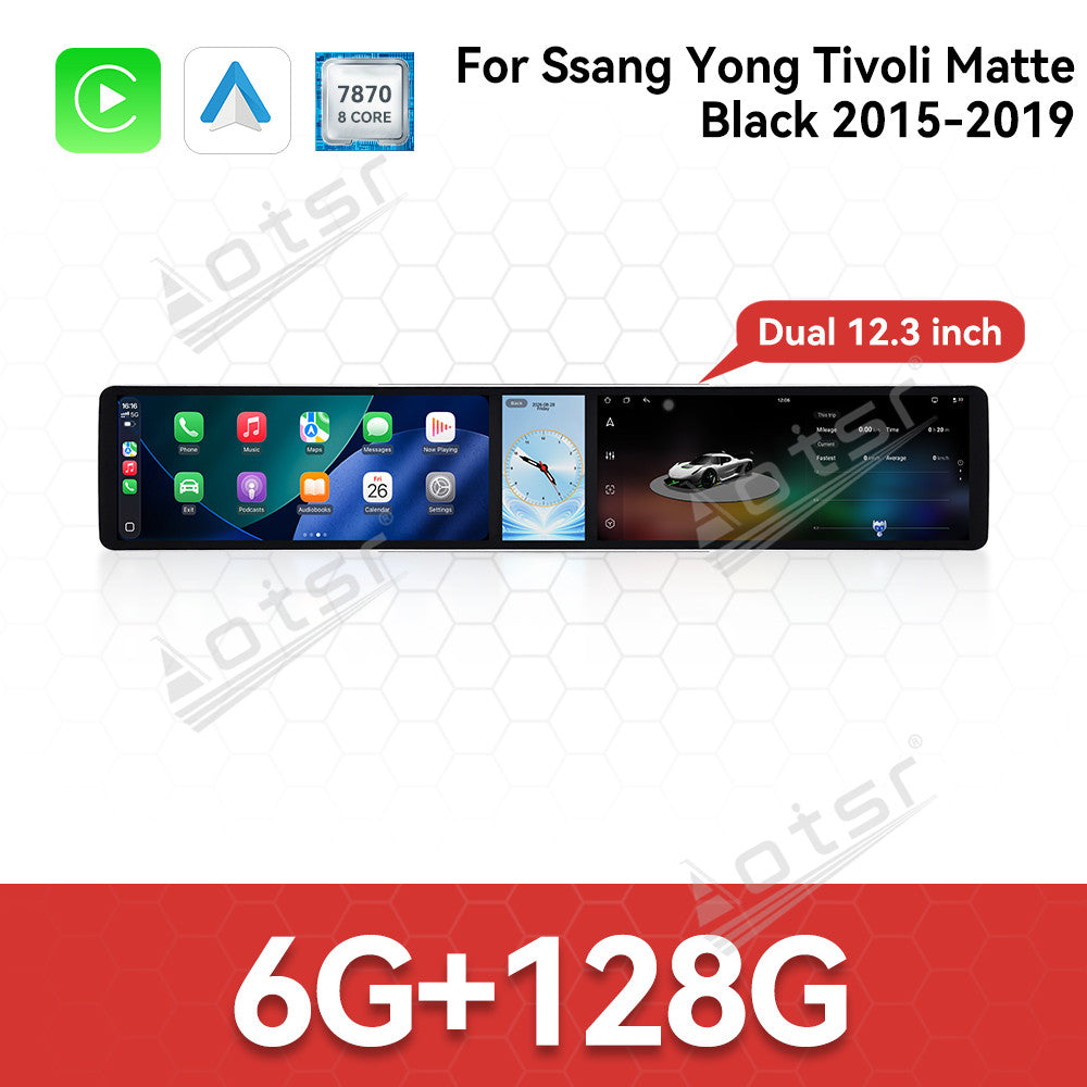 Aotsr Dual 12.3 inch Car Radio for Ssang Yong Tivoli Matte Black 2015-2019 with 7870 Octa Core Chip, Ultra HD 2400*900 Touch Screen, Wireless CarPlay, Bluetooth 5.0, GPS Navigation, 4G Network, OEM Upgrade Multimedia System