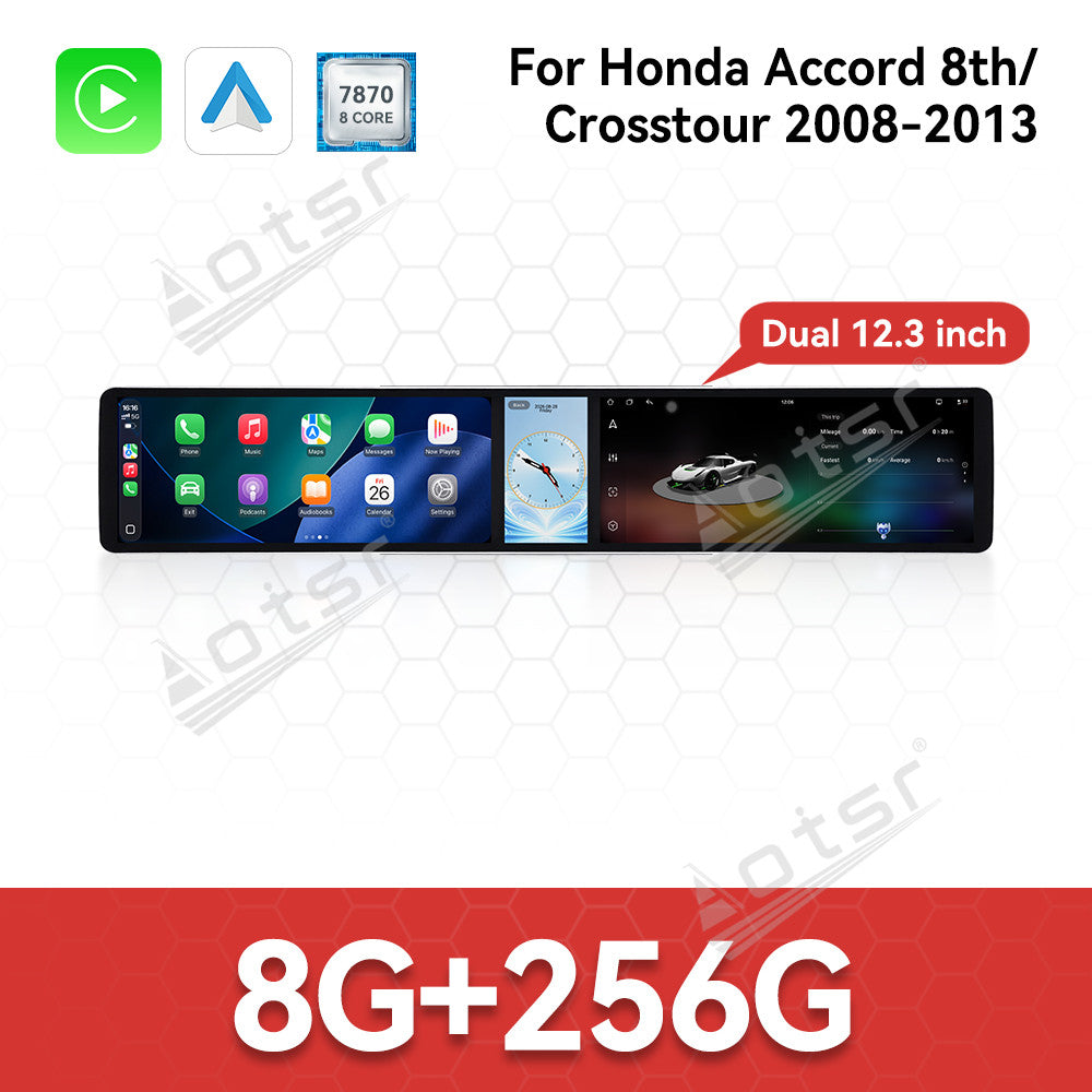 Aotsr Dual 12.3 inch Car Radio for Honda Accord 8th/Crosstour 2008-2013 with 7870 Octa Core Chip, Ultra HD 2400*900 Touch Screen, Wireless CarPlay, Bluetooth 5.0, GPS Navigation, 4G Network, OEM Upgrade Multimedia System
