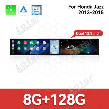 Aotsr Dual 12.3 inch Car Radio for Honda Jazz 2013-2015 with 7870 Octa Core Chip, Ultra HD 2400*900 Touch Screen, Wireless CarPlay, Bluetooth 5.0, GPS Navigation, 4G Network, OEM Upgrade Multimedia System