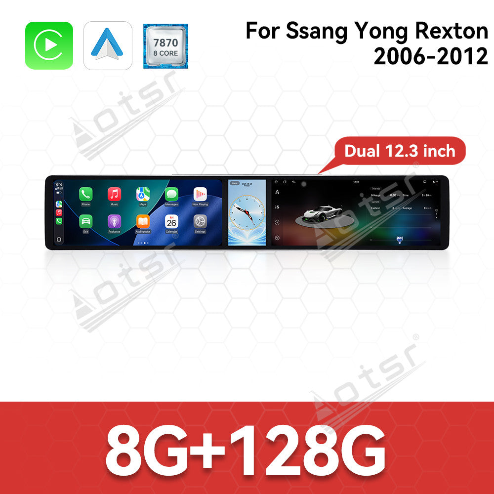 Aotsr Dual 12.3 inch Car Radio for SsangYong Rexton 2006-2012 with 7870 Octa Core Chip, Ultra HD 2400*900 Touch Screen, Wireless CarPlay, Bluetooth 5.0, GPS Navigation, 4G Network, OEM Upgrade Multimedia System