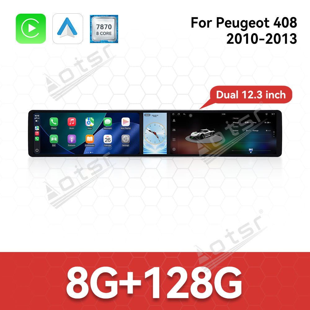 Aotsr Dual 12.3 inch Car Radio for Peugeot 408 2010-2013 with 7870 Octa Core Chip Ultra HD 2400*900 Touch Screen Wireless CarPlay Bluetooth 5.0 GPS Navigation 4G Network OEM Upgrade Multimedia System