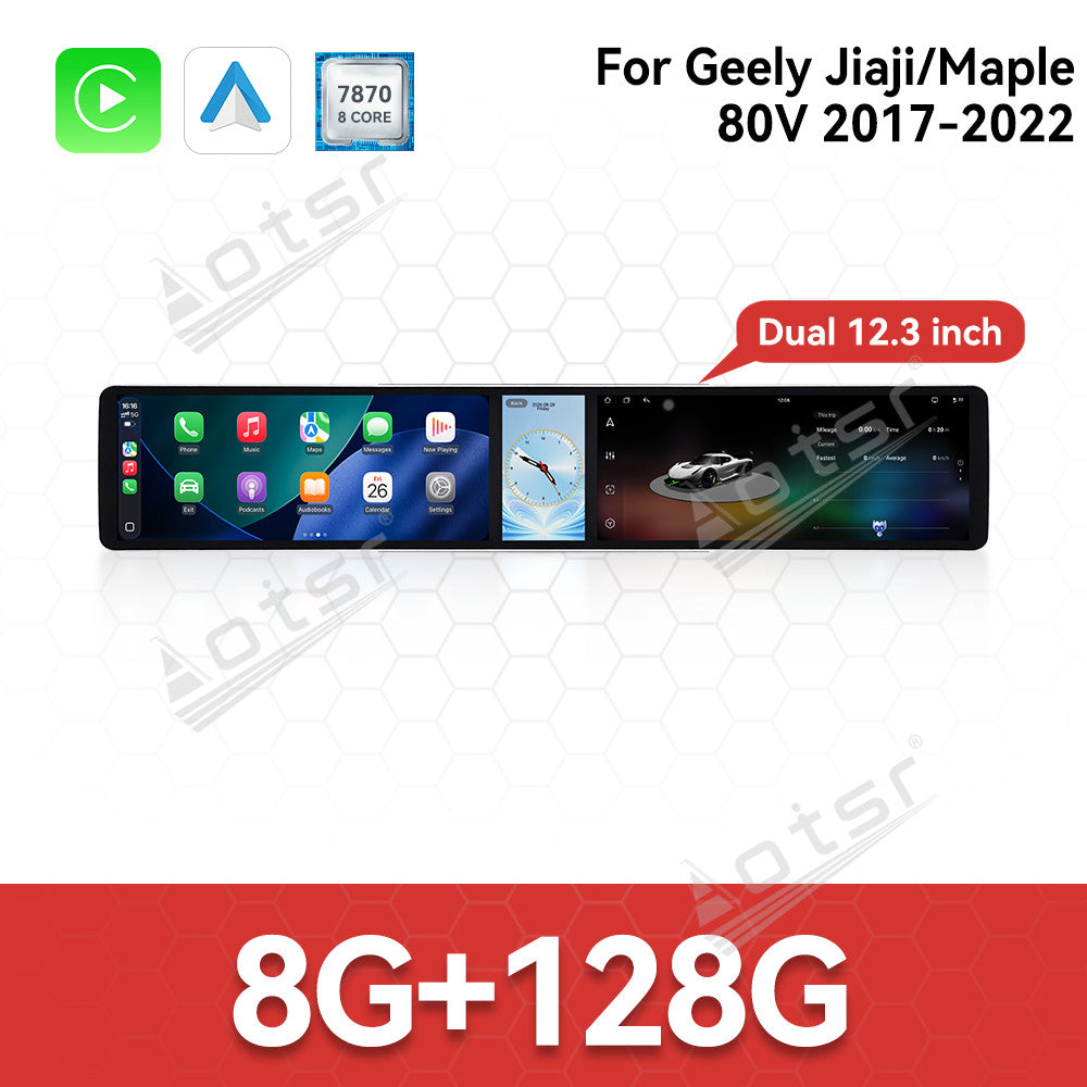 Aotsr Dual 12.3 inch Car Radio For Geely Jiaji/Maple 80V 2017-2022 with 7870 Octa Core Chip Ultra HD 2400*900 Touch Screen Wireless CarPlay Bluetooth 5.0 GPS Navigation