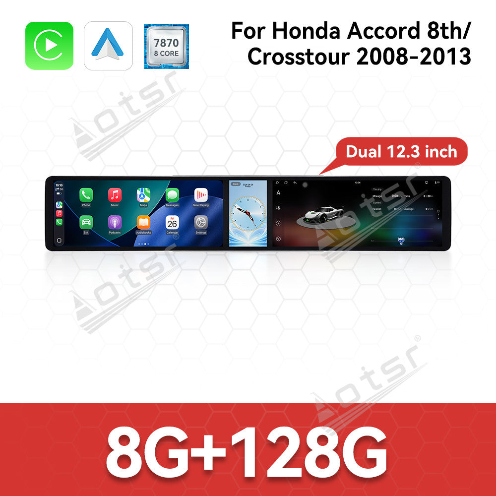 Aotsr Dual 12.3 inch Car Radio for Honda Accord 8th/Crosstour 2008-2013 with 7870 Octa Core Chip, Ultra HD 2400*900 Touch Screen, Wireless CarPlay, Bluetooth 5.0, GPS Navigation, 4G Network, OEM Upgrade Multimedia System
