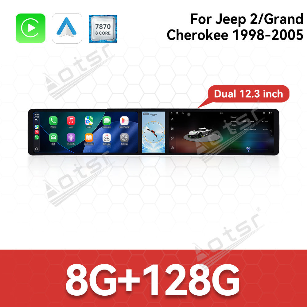 Aotsr Dual 12.3 inch Car Radio For Jeep 2/Grand Cherokee 1998-2005 with 7870 Octa Core Chip Ultra HD 2400*900 Touch Screen Wireless CarPlay Bluetooth 5.0 GPS Navigation