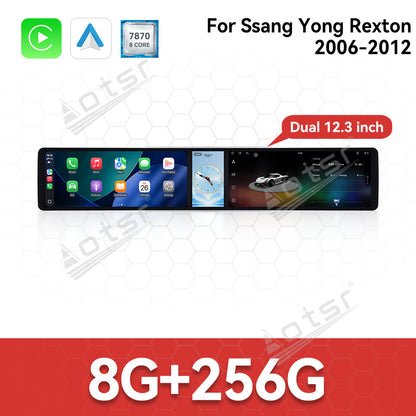Aotsr Dual 12.3 inch Car Radio for SsangYong Rexton 2006-2012 with 7870 Octa Core Chip, Ultra HD 2400*900 Touch Screen, Wireless CarPlay, Bluetooth 5.0, GPS Navigation, 4G Network, OEM Upgrade Multimedia System