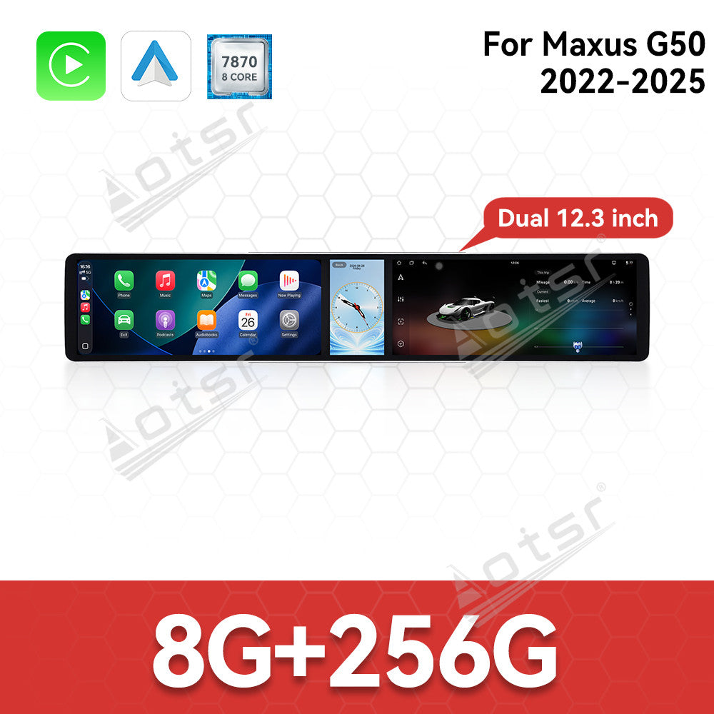 Aotsr Dual 12.3 inch Car Radio for Maxus G50 2022-2025 with 7870 Octa Core Chip, Ultra HD 2400*900 Touch Screen, Wireless CarPlay, Bluetooth 5.0, GPS Navigation, 4G Network, OEM Upgrade Multimedia System
