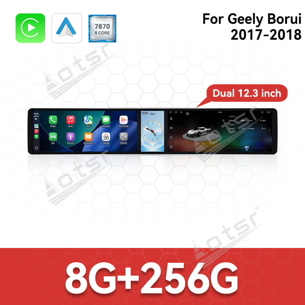 Aotsr Dual 12.3 inch Car Radio For Geely Borui 2017-2018 with 7870 Octa Core Chip Ultra HD 2400*900 Touch Screen Wireless CarPlay Bluetooth 5.0 GPS Navigation