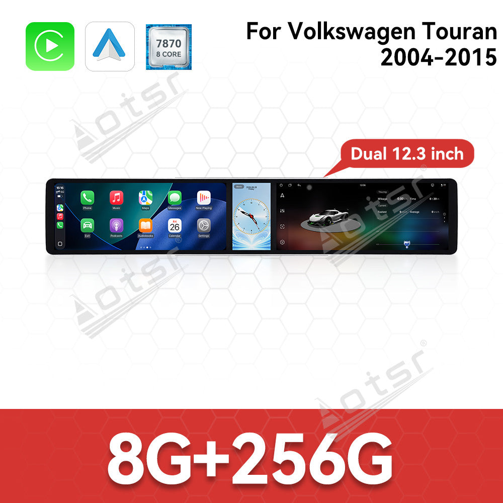 Aotsr Dual 12.3 inch Car Radio for Volkswagen Touran 2004-2015 with 7870 Octa Core Chip Ultra HD 2400*900 Touch Screen Wireless CarPlay Bluetooth 5.0 GPS Navigation 4G Network OEM Upgrade Multimedia System