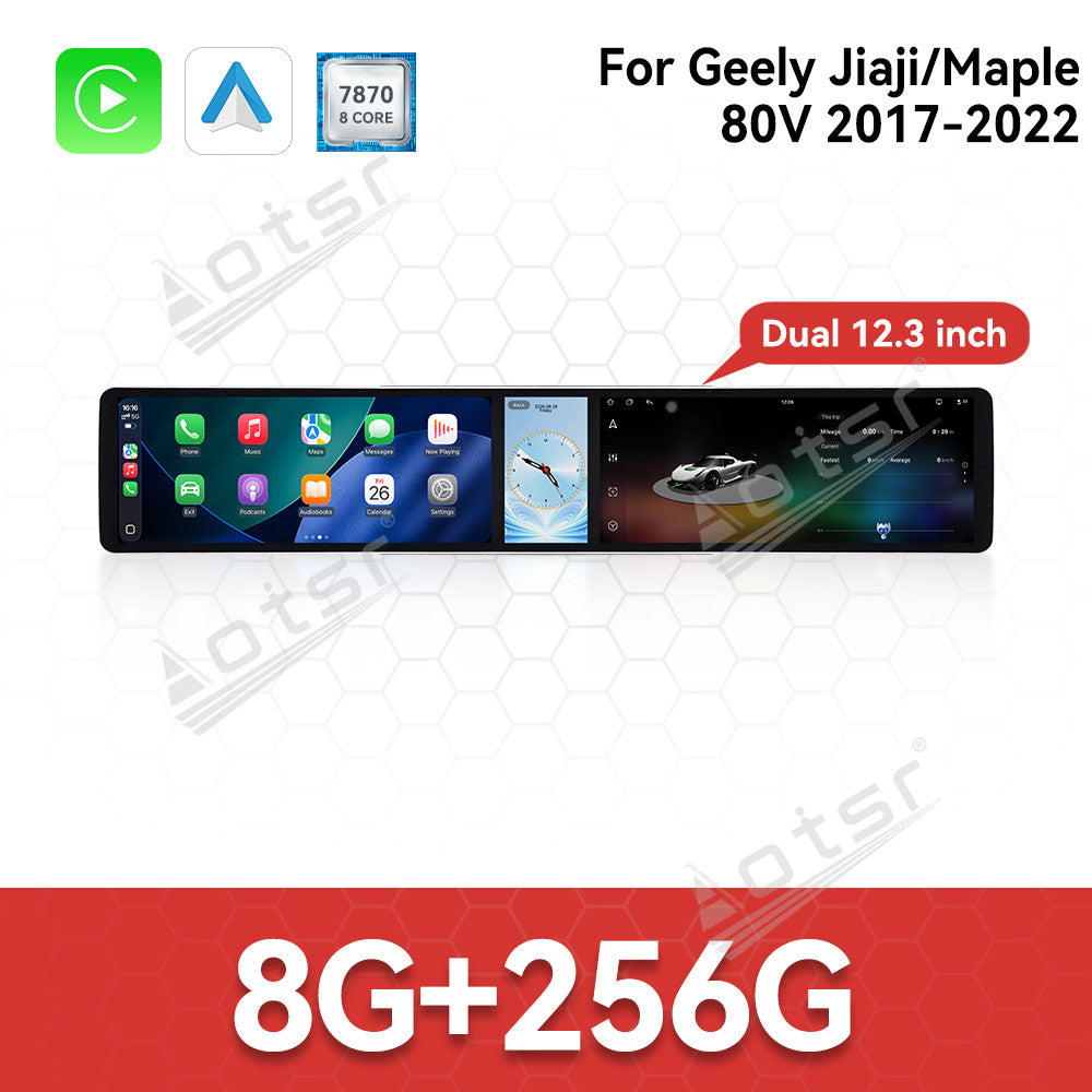 Aotsr Dual 12.3 inch Car Radio For Geely Jiaji/Maple 80V 2017-2022 with 7870 Octa Core Chip Ultra HD 2400*900 Touch Screen Wireless CarPlay Bluetooth 5.0 GPS Navigation