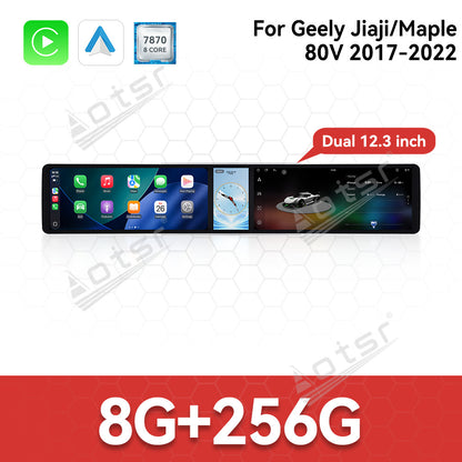 Aotsr Dual 12.3 inch Car Radio For Geely Jiaji/Maple 80V 2017-2022 with 7870 Octa Core Chip Ultra HD 2400*900 Touch Screen Wireless CarPlay Bluetooth 5.0 GPS Navigation