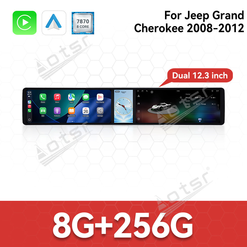 Aotsr Dual 12.3 inch Car Radio For Jeep Grand Cherokee 2008-2012 with 7870 Octa Core Chip Ultra HD 2400*900 Touch Screen Wireless CarPlay Bluetooth 5.0 GPS Navigation