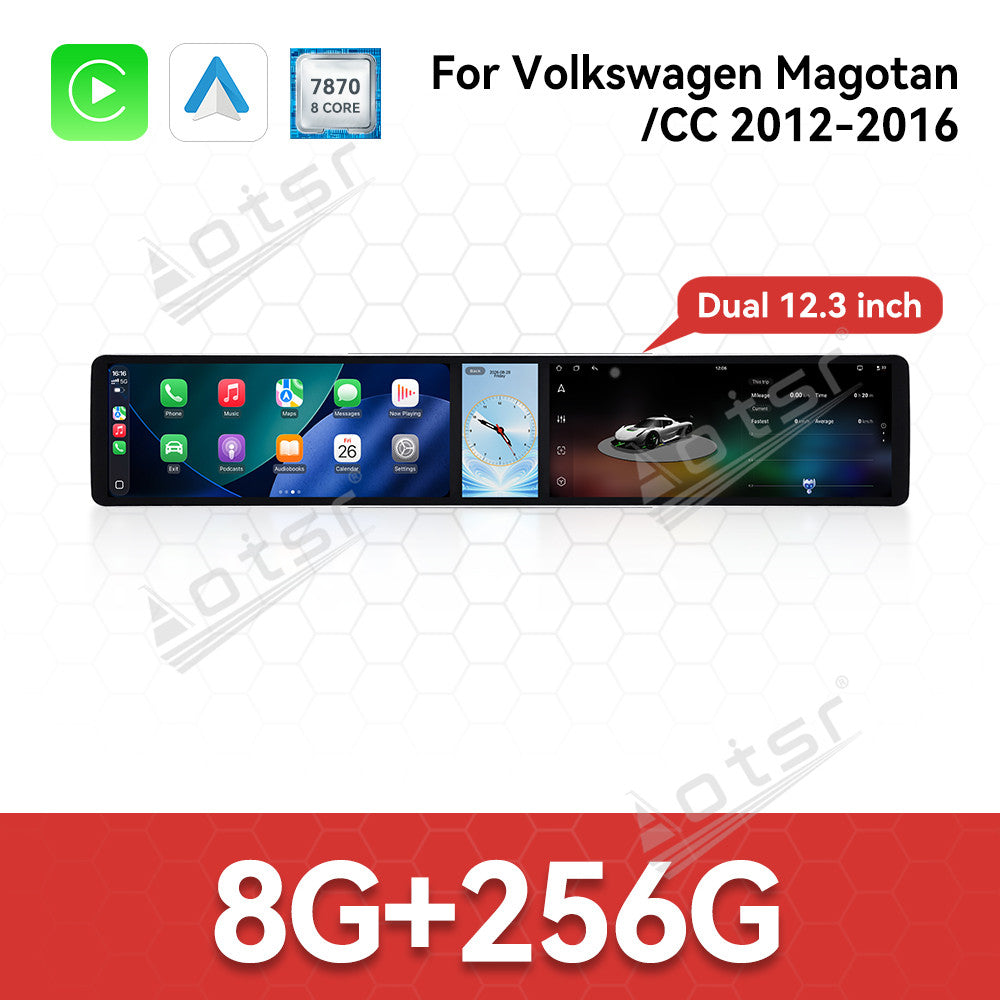 Aotsr Dual 12.3 inch Car Radio for Volkswagen Magotan/CC 2012-2016 with 7870 Octa Core Chip Ultra HD 2400*900 Touch Screen Wireless CarPlay Bluetooth 5.0 GPS Navigation 4G Network OEM Upgrade Multimedia System