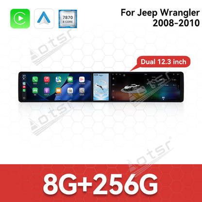 Aotsr Dual 12.3 inch Car Radio For Jeep Wrangler 2008-2010 with 7870 Octa Core Chip Ultra HD 2400*900 Touch Screen Wireless CarPlay Bluetooth 5.0 GPS Navigation