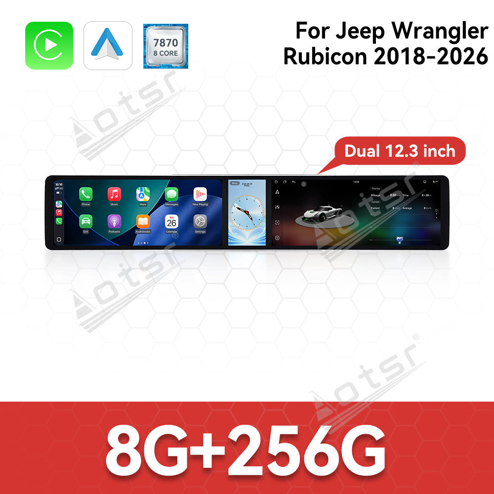 Aotsr Dual 12.3 inch Car Radio For Jeep Wrangler Rubicon 2018-2026 with 7870 Octa Core Chip Ultra HD 2400*900 Touch Screen Wireless CarPlay Bluetooth 5.0 GPS Navigation