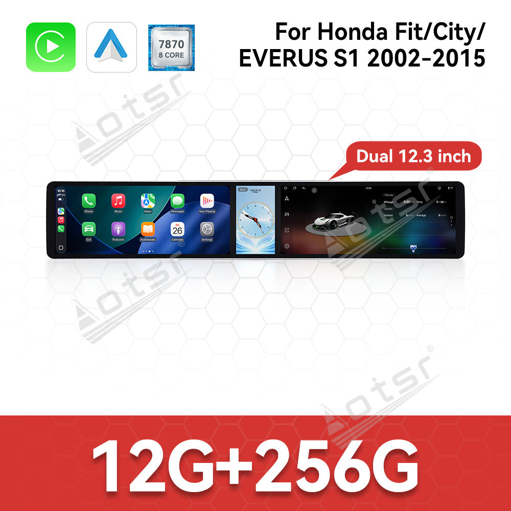 Aotsr Dual 12.3 inch Car Radio for Honda Fit/City/EVERUS S1 2002-2015 with 7870 Octa Core Chip, Ultra HD 2400*900 Touch Screen, Wireless CarPlay, Bluetooth 5.0, GPS Navigation, 4G Network, OEM Upgrade Multimedia System
