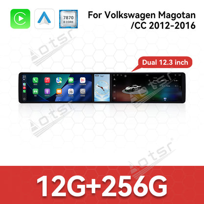Aotsr Dual 12.3 inch Car Radio for Volkswagen Magotan/CC 2012-2016 with 7870 Octa Core Chip Ultra HD 2400*900 Touch Screen Wireless CarPlay Bluetooth 5.0 GPS Navigation 4G Network OEM Upgrade Multimedia System