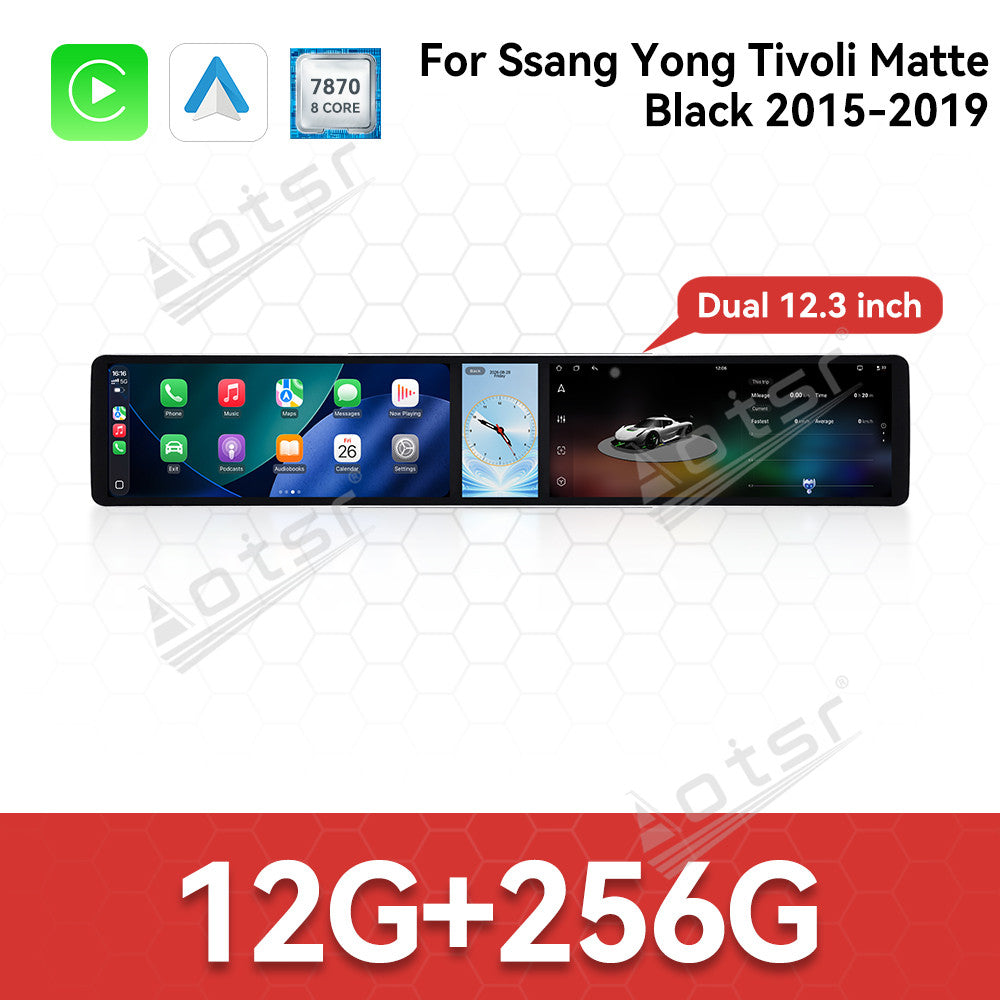 Aotsr Dual 12.3 inch Car Radio for Ssang Yong Tivoli Matte Black 2015-2019 with 7870 Octa Core Chip, Ultra HD 2400*900 Touch Screen, Wireless CarPlay, Bluetooth 5.0, GPS Navigation, 4G Network, OEM Upgrade Multimedia System