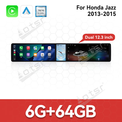 Aotsr Dual 12.3 inch Car Radio for Honda Jazz 2013-2015 with 7870 Octa Core Chip, Ultra HD 2400*900 Touch Screen, Wireless CarPlay, Bluetooth 5.0, GPS Navigation, 4G Network, OEM Upgrade Multimedia System