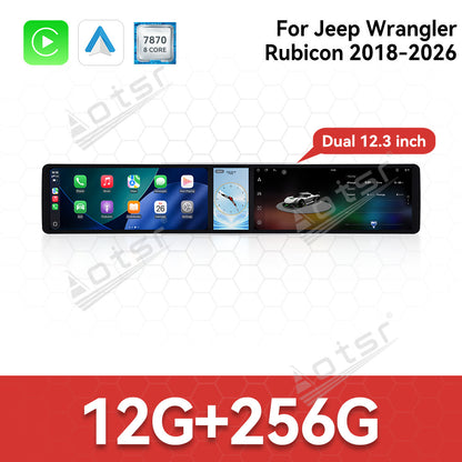 Aotsr Dual 12.3 inch Car Radio For Jeep Wrangler Rubicon 2018-2026 with 7870 Octa Core Chip Ultra HD 2400*900 Touch Screen Wireless CarPlay Bluetooth 5.0 GPS Navigation