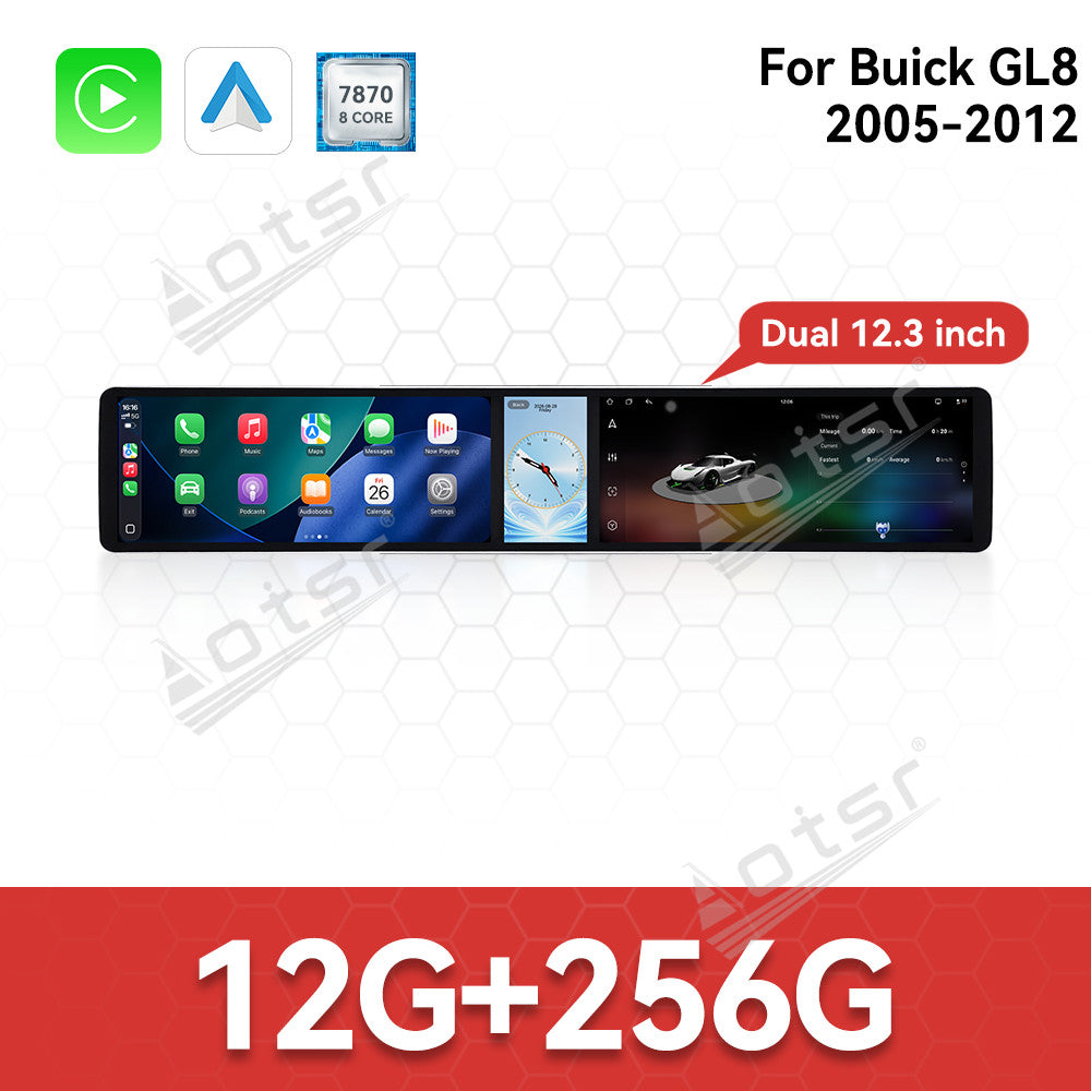 Aotsr Dual 12.3 inch Car Radio for Buick GL8 2005-2012 with 7870 Octa Core Chip Ultra HD 2400*900 Touch Screen Wireless CarPlay Bluetooth 5.0 GPS Navigation 4G Network OEM Upgrade Multimedia System